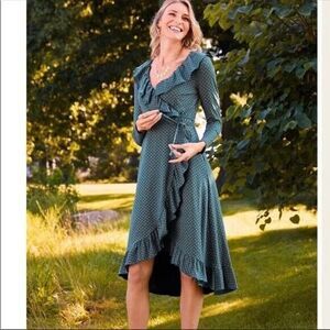 Matilda Jane Reunion Wrap Ruffle Dress  Women's Size M  Teal / Coral Polka Dot